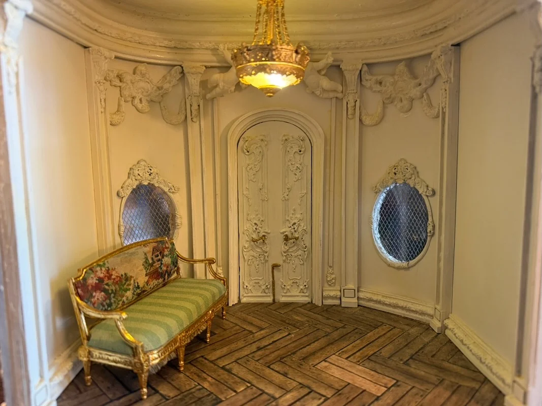 Finished Chateau Folly Room Box Features a Gold Leaf Chandelier and Hidden Wiring