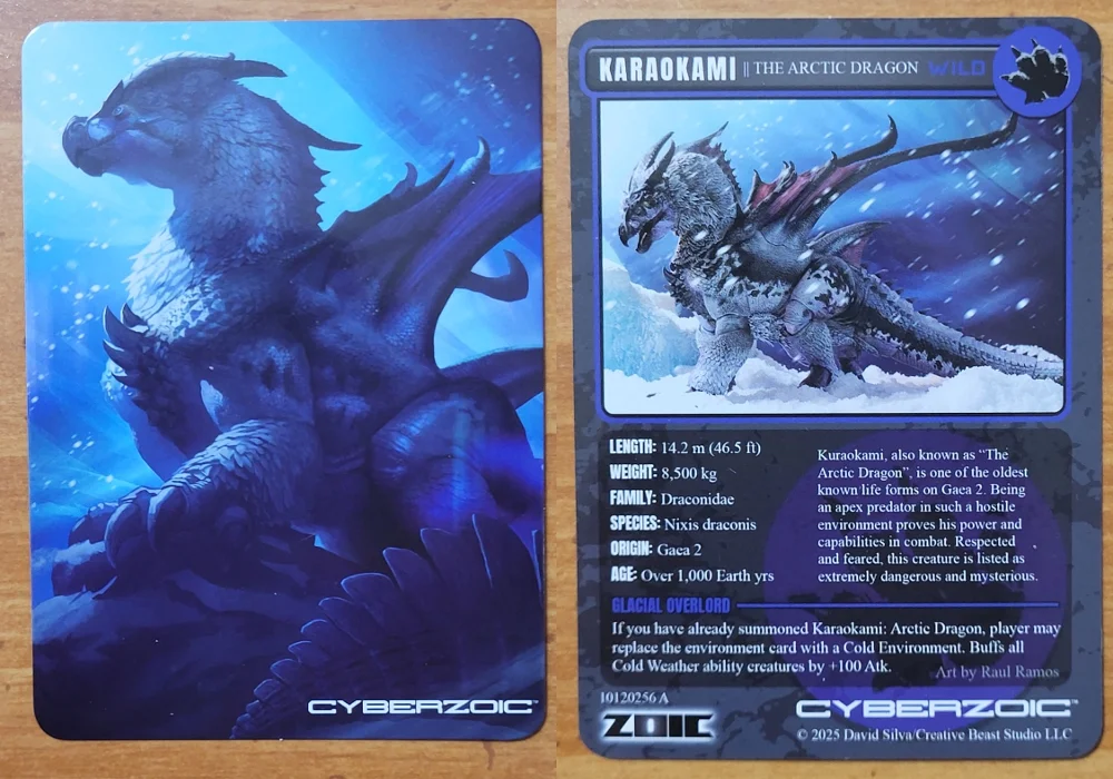 Front of the Zoic TCG card is on the left, backside of the card is on the right